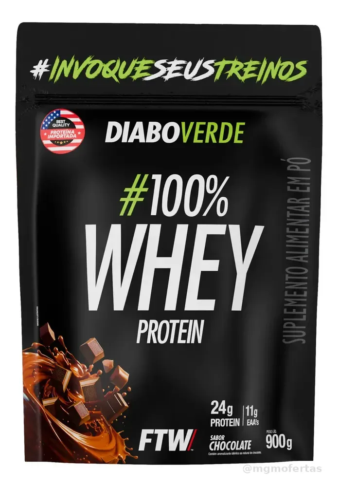 Suplemento Em Pó 100% Whey Protein Diabo Verde Sabor Chocolate Refil 900g FTW