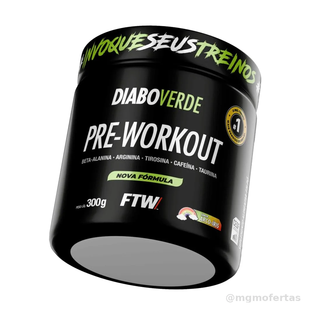 Pré Treino Pre Workout DIABO VERDE Pote 300g Sabor Arco Iris FTW - Suplemento Com Cafeína, Aminoácidos Beta‑Alanina e Arginina para Treinos e Atividades Físicas