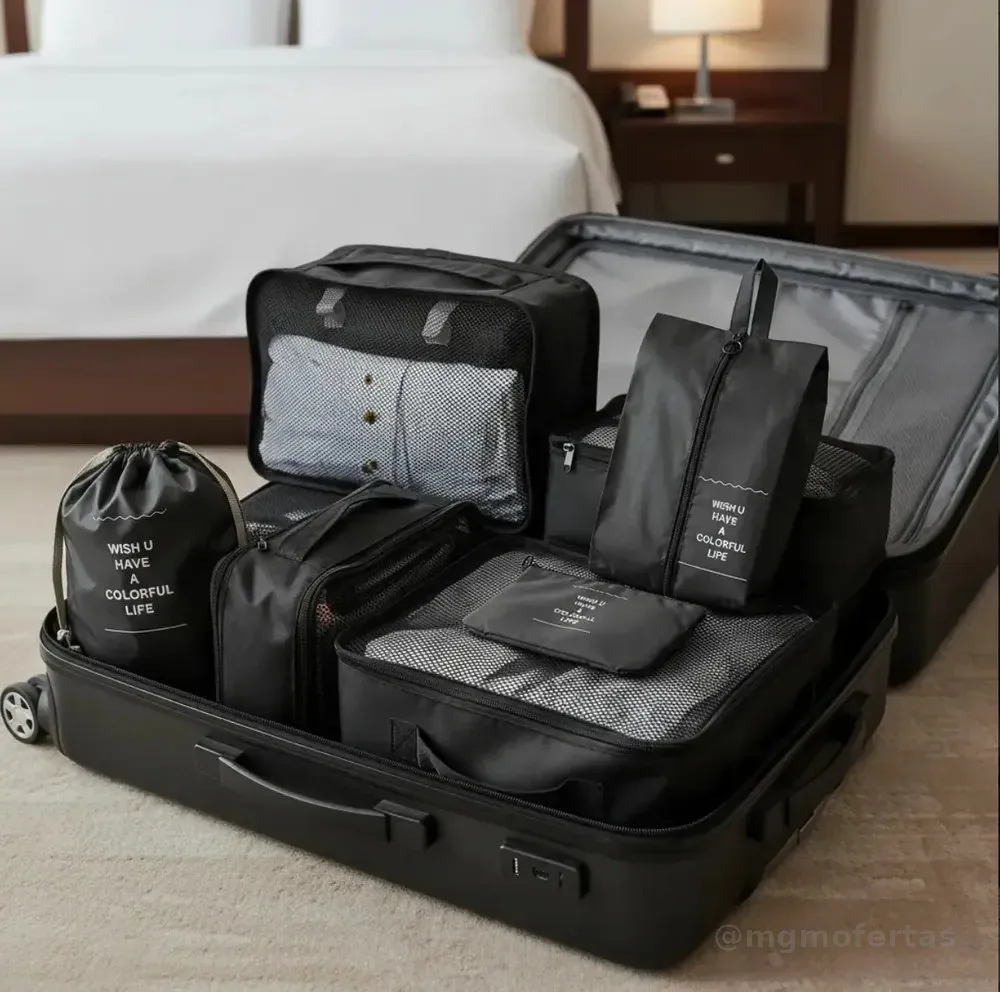 Organizador De Mala Para Viagem Kit 7 Peças Completo Preto