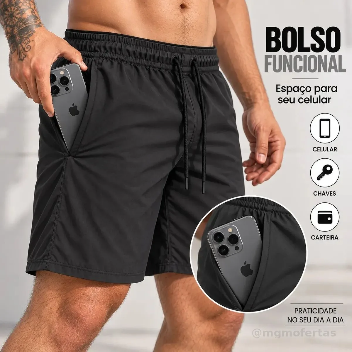 Kit 3 Short Bermuda Masculino Elastano Academia Casual Bolso