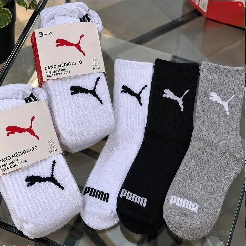 Kit 6 Pares Meias Puma Algodão Cano Médio Alto Atoalhado