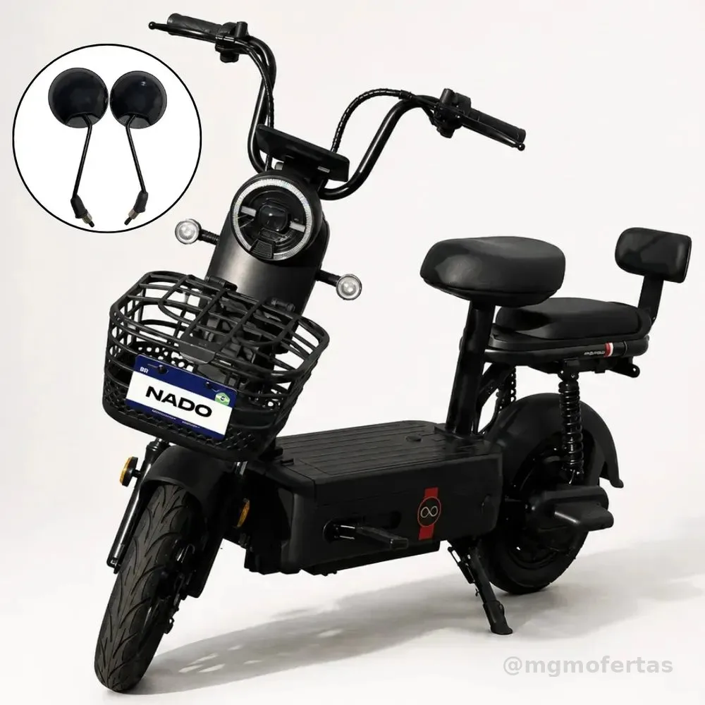 Bicicleta elétrica scooter NADO C2 1000w 32km/h bateria lítio removível 48v 24ah autonomia até 60km alarme, trava de rodas, retrovisores, cesto, aro 10, suporta até 120kg preto
