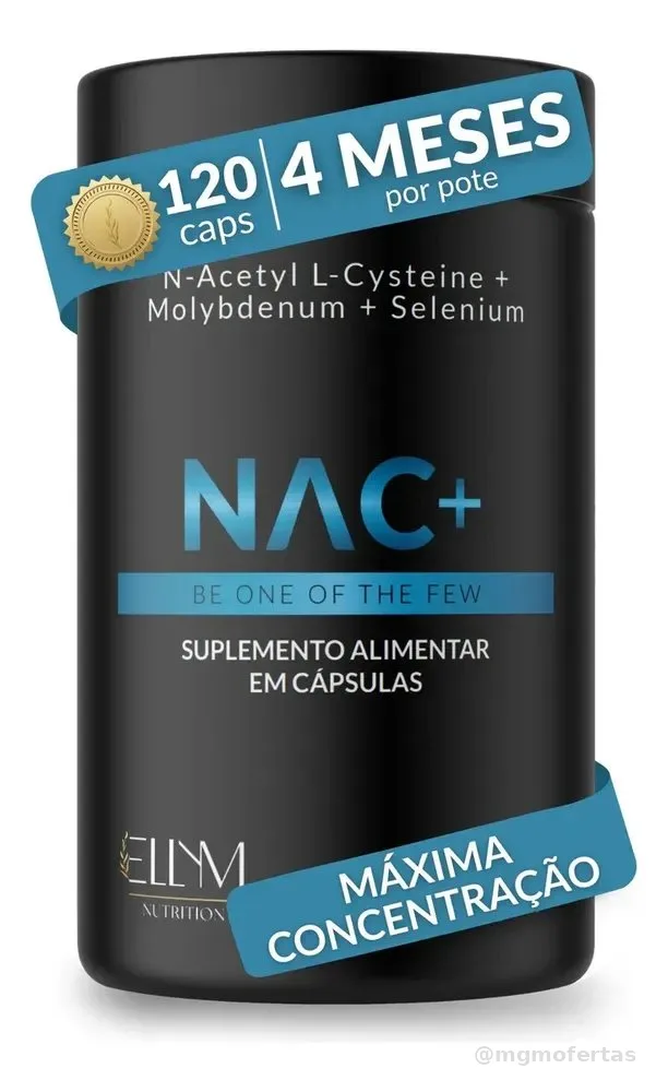 NAC 600 mg Acetilcisteina Molibdênio Selênio 120 Cápsulas 4 Meses N-acetil L-cisteína Máxima Concentração Pureza Essencial Precursor Glutationa Sem Sabor Ellym Nutrition