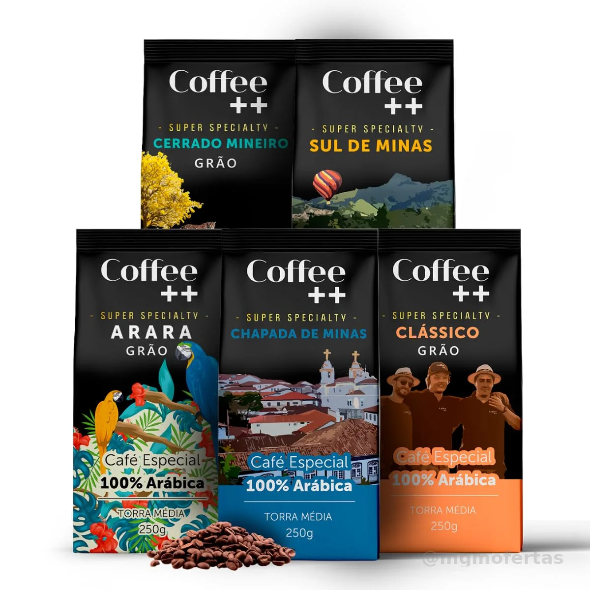 Kit 5 Pacotes Café Especial em Grãos Coffee++ Variedades: Chapada de Minas, Sul de Minas, Cerrado Mineiro, Arara e Clássico - 100% Arábica (5x250g)