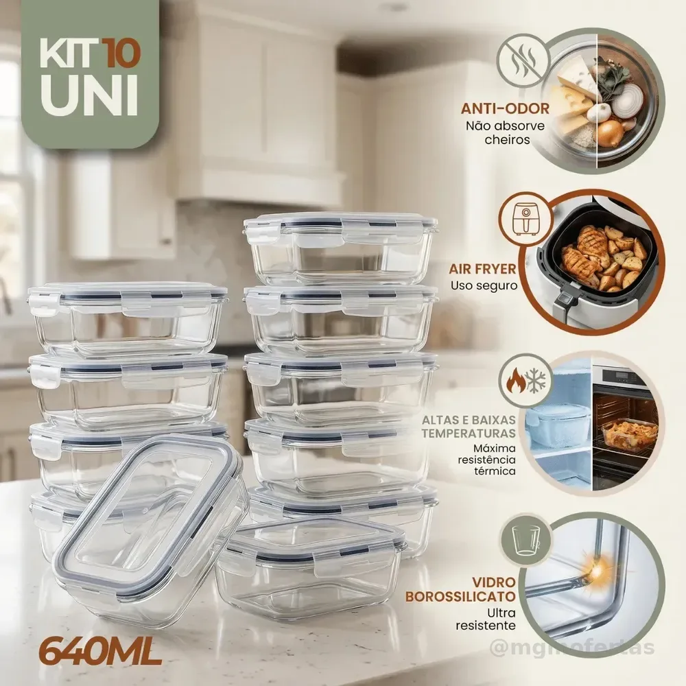 Kit 10 Pote De Vidro Marmita Hermético 640ml Freezer Fitness Rishon
