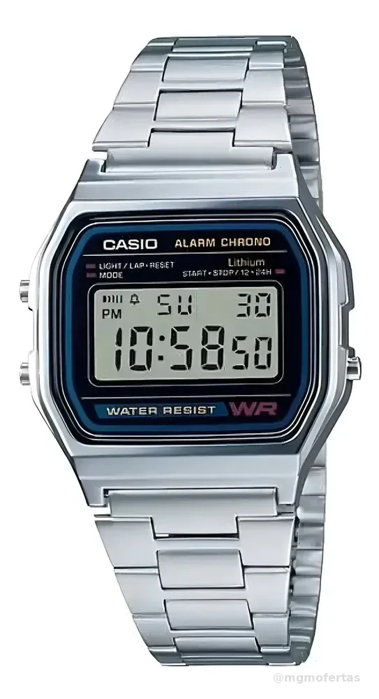 Relógio Unissex Casio Digital Esportivo A158wa-1df Prata Retrô Vintage Pulseira em Aço Inoxidável