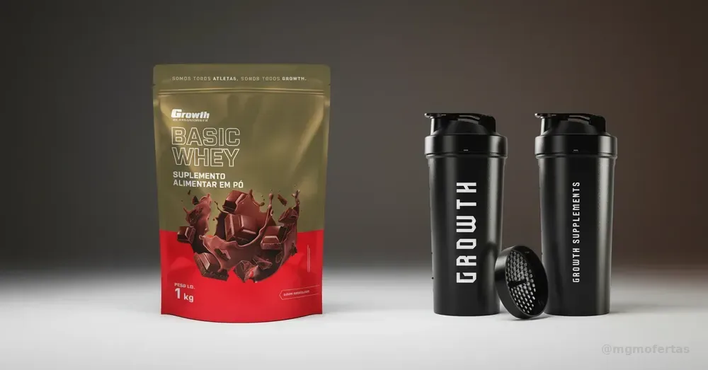 Kit Growth: Whey Protein Basic Chocolate 1kg + Coqueteleira Shaker Academia Preta 600ml