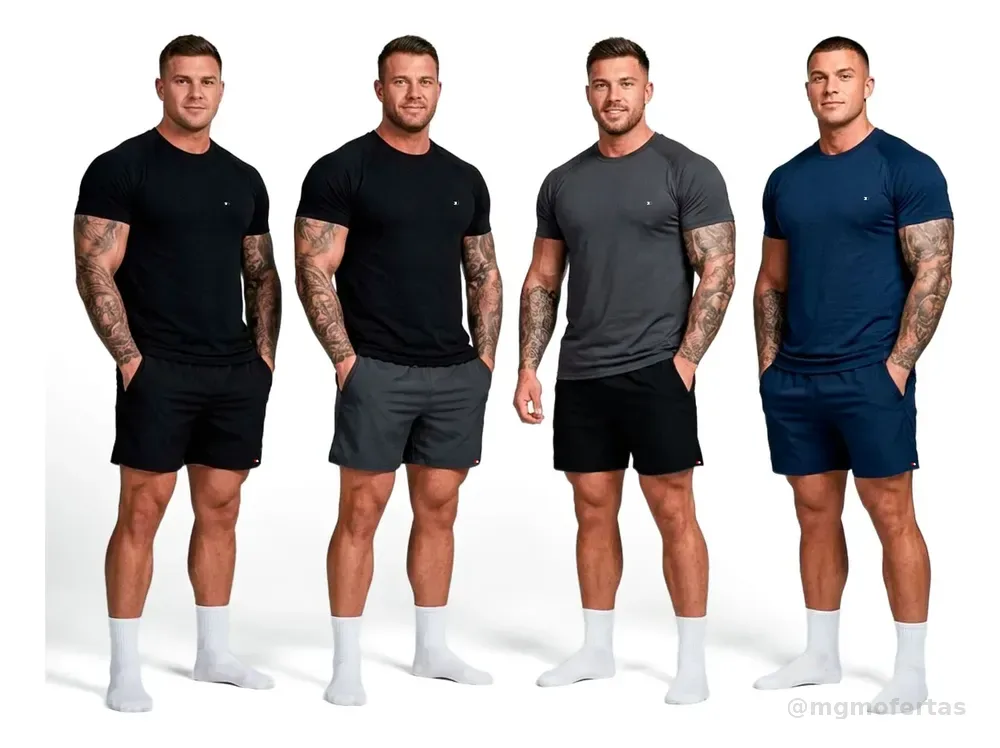 Kit 8 Peças Dry Fit 4 Camisetas + 4 Shorts Academia Sandrini Sortidos Liso M