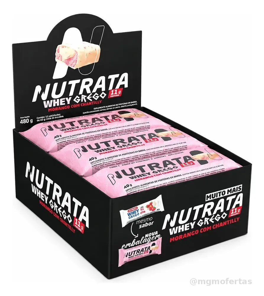 Barra de proteínas Nutrata WHEY Grego 40G sabor Morango com chantilly x 480g 12 un