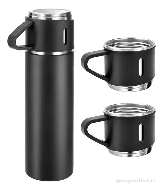 500ml Caneca Kit Garrafa Térmica Vacuum Bottle Inox + 3 Xíca