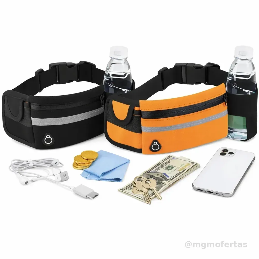 Kit 2 Pochetes Esportiva Impermeável Celular Acessórios Academia Treino Corrida Caminhada Moderna Bolsa Transversal Cintura Moda Blogueira Marca Lemon Shark Cor Preta E Laranja