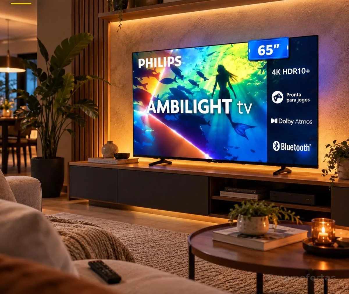 PHILIPS, Smart TV Ambilight 65" 4K, Titan OS, 65PUG8100/78, Comando de Voz, HDR10+/Dolby Atmos, VRR/ALLM, Bluetooth