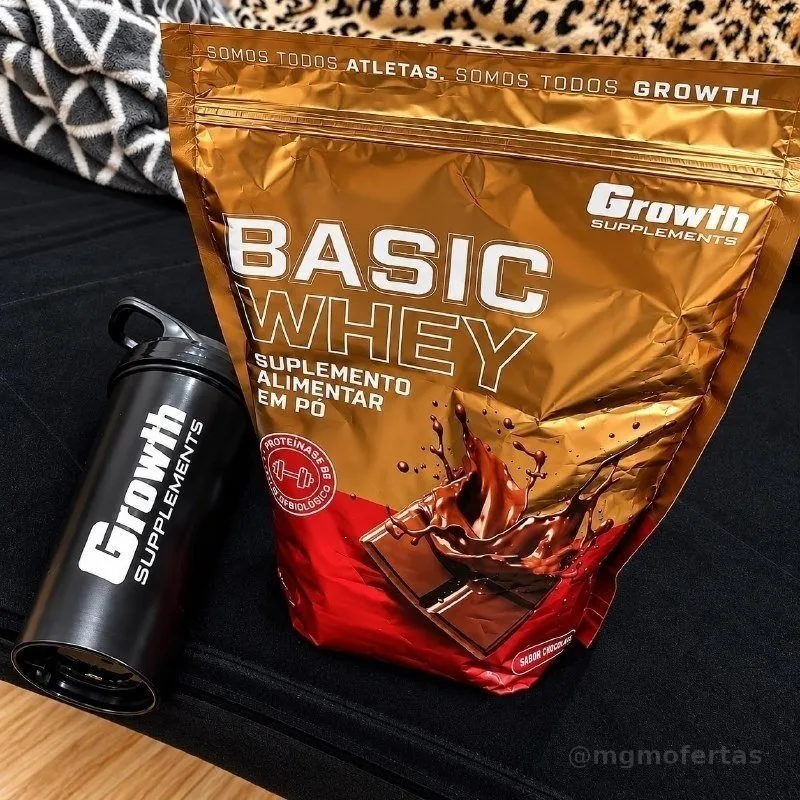 Kit Growth: Whey Protein Basic Chocolate 1kg + Coqueteleira Shaker Academia Preta 600ml