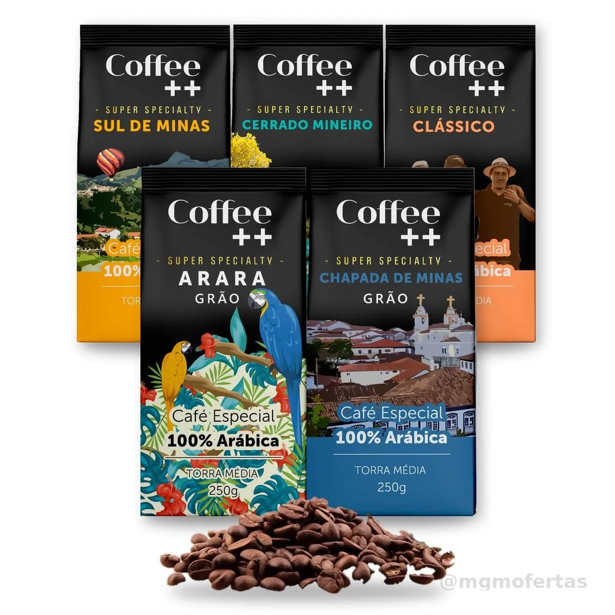 Kit 5 Pacotes Café Especial em Grãos Coffee++ Variedades: Chapada de Minas, Sul de Minas, Cerrado Mineiro, Arara e Clássico - 100% Arábica (5x250g)
