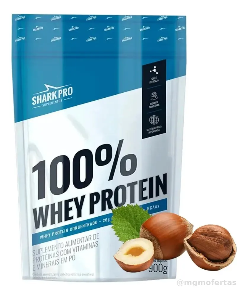 Whey Protein 100% Shark Pro Proteína Concentrada Refil 900g Sabor Avelã