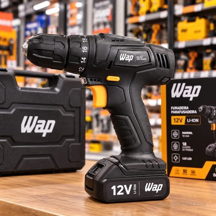 WAP Parafusadeira e Furadeira a Bateria Li-Ion 12V BPF 12K3 BLACK Carregador Bivolt com Maleta e Kit de 13 Acessórios