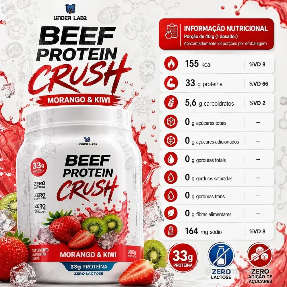 Proteína Under Labz Beef Crush em pó sabor Morango kiwi x 910g