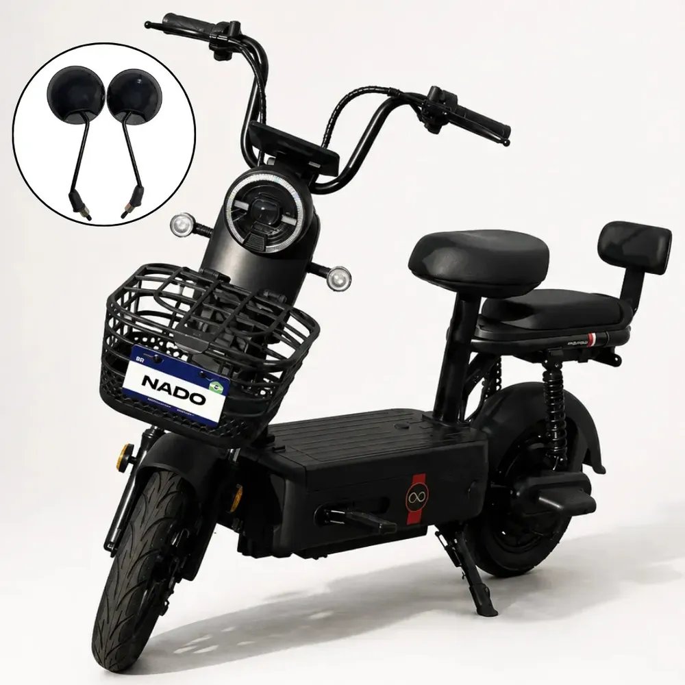 Bicicleta elétrica scooter NADO C2 1000w 32km/h bateria lítio removível 48v 24ah autonomia até 60km alarme, trava de rodas, retrovisores, cesto, aro 10, suporta até 120kg preto