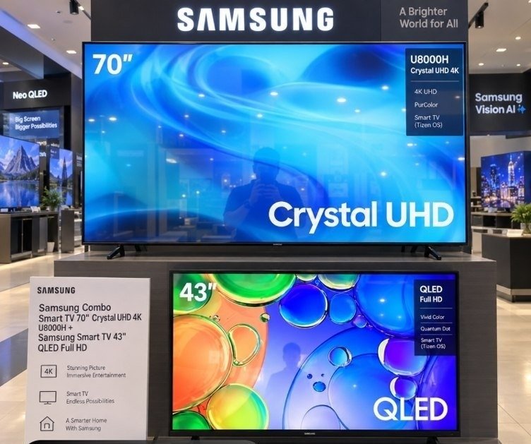 Samsung Combo Smart TV 70" Crystal UHD 4K U8000H + Samsung Smart TV 43" QLED Full HD